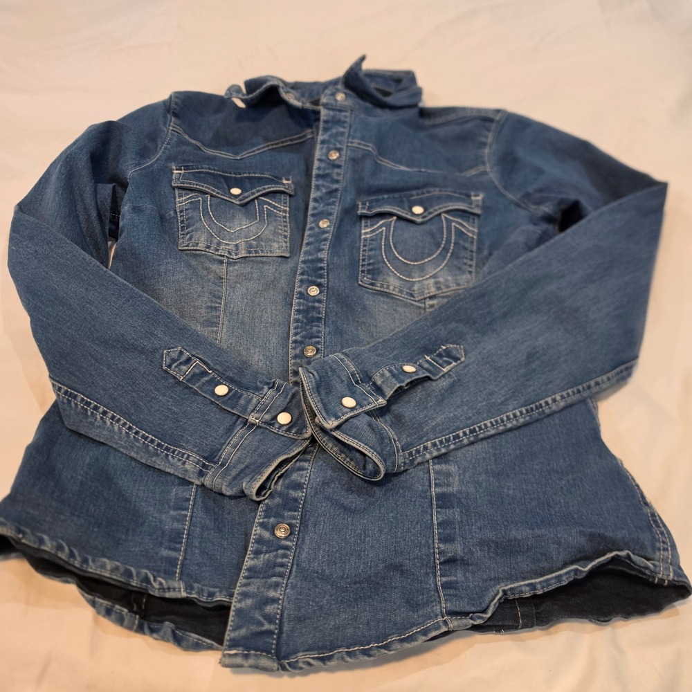 True Religion Western Denim Shirt Womens L Blue Pearl Snap Horseshoe
